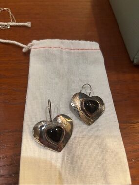 Sterling Silver Heart Drop Earrings with Black Stone Artisan- made